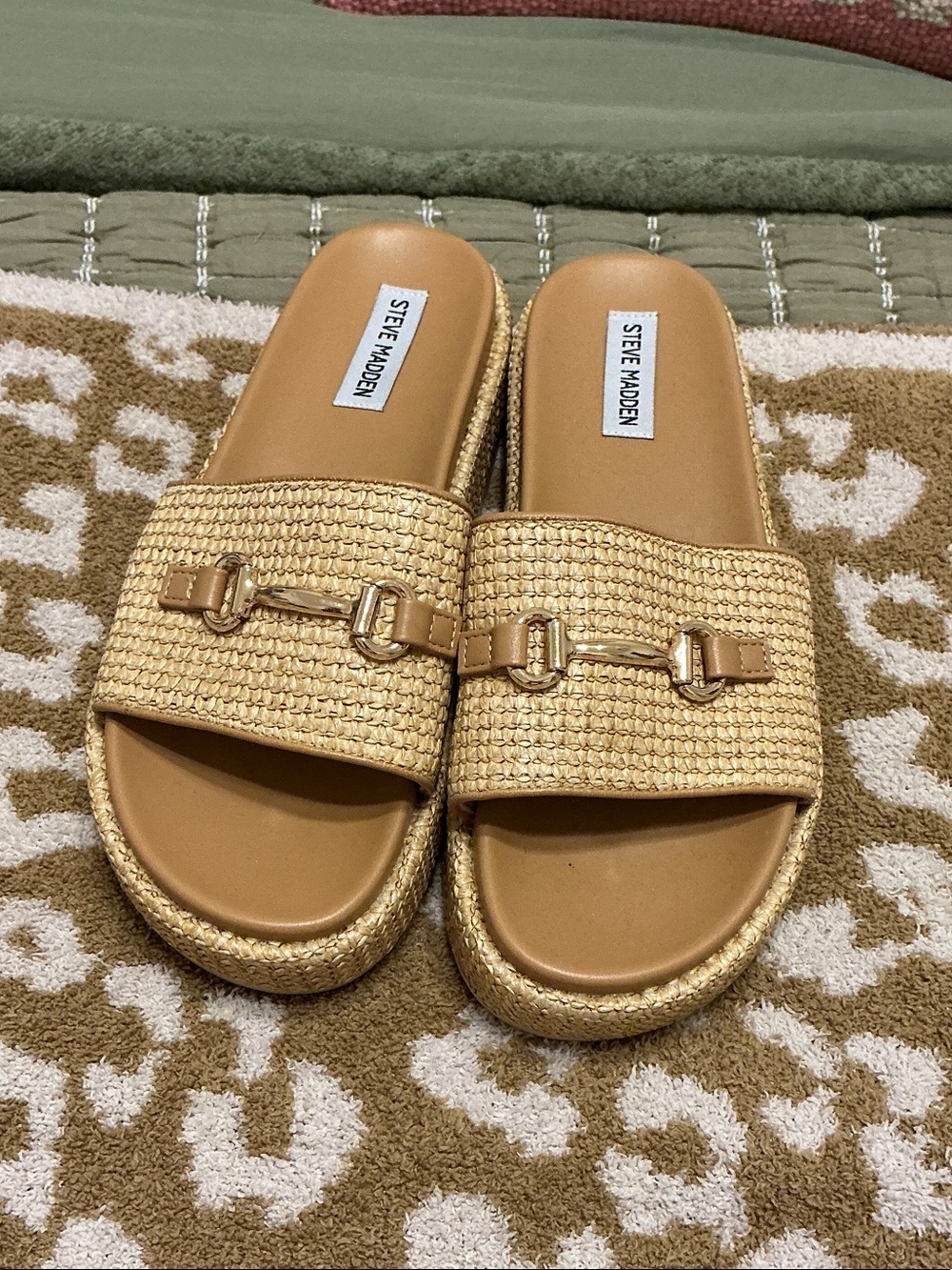 Steve Madden Natural Woven Platform Slide Sandals with Gold Accent - Picture 2 of 4